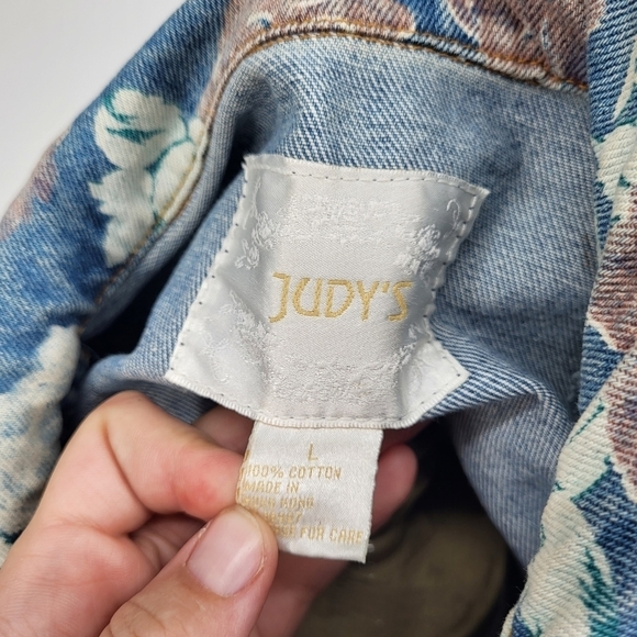 Vintage Floral Print Denim Jacket Button Up Blue Jean Large Judy - Picture 4 of 9